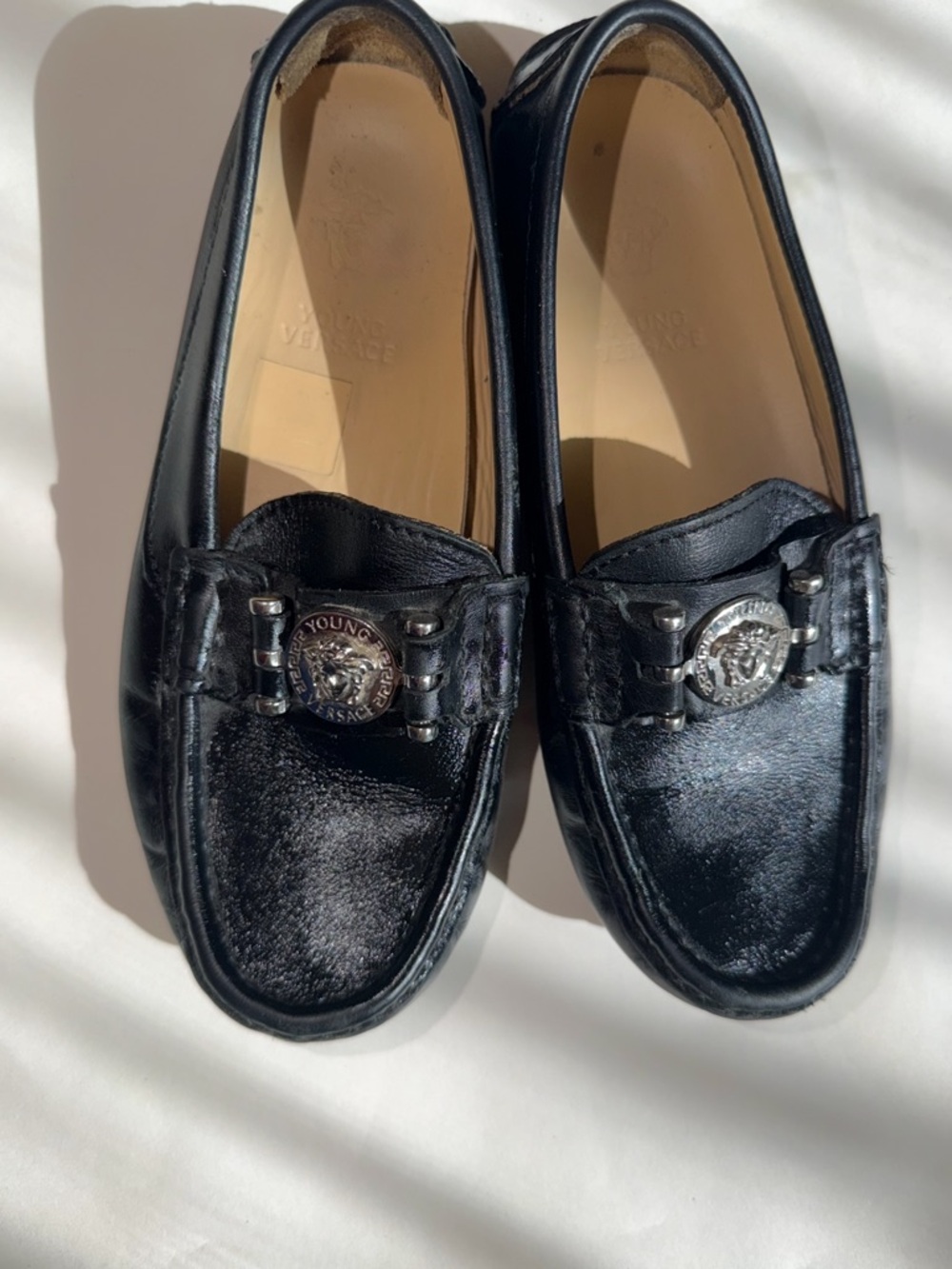 Versace Black Leather Loafers with Medallion Accent
